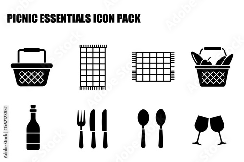 Picnic essentials icon set with basket, blanket, wine bottle, cutlery, and glasses. Simple black and white illustrations for outdoor event planning or advertising.