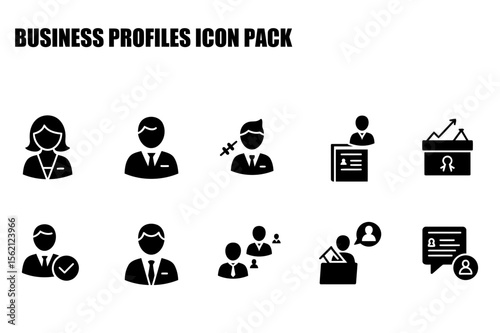 Business profiles icons with diverse demographic groups in formal business attire/settings.
