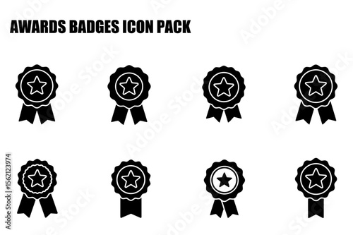 Award badges icon pack. Collection of simple award badges with ribbons for visual communication.