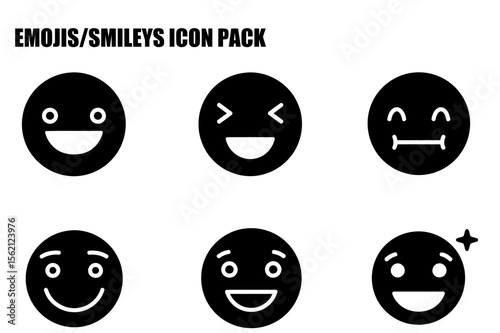 Black and white emoji/smiley icons in various expressions. Set of diverse expressions presented in a grid format on a plain white background.
