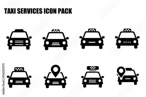 Taxi service icons set in front view. Simple, vector graphics of various taxi cars with location pin overlays. Collection of professional transportation icons for a website or app.