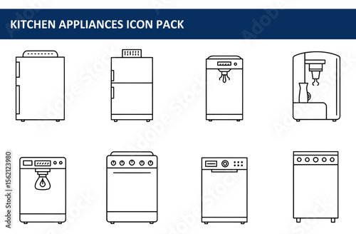 Kitchen appliance icons featuring refrigerators, dishwashers, ovens, coffee makers, and water purifiers. Line art style depicting various kitchen appliances in a simple, functional format.