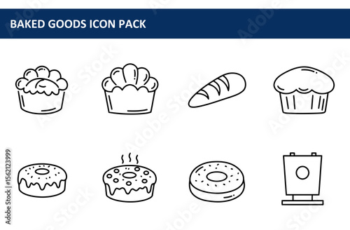 Baked goods icon pack showcasing various pastries and breads in a simple, outlined style. Collection of different baked goods icons for bakery or restaurant.