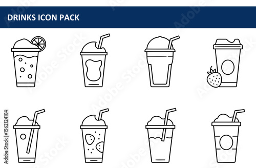 Drinks icon pack. Variety of beverages in disposable cups with straws.