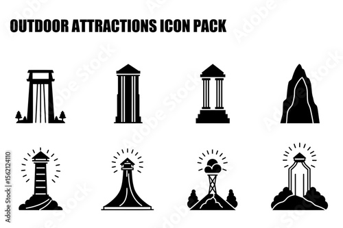 Black and white icons of outdoor attractions in various settings. Simple, stylized representations of a variety of tourist sites.