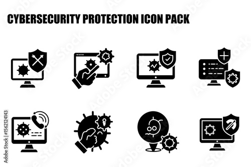 Cybersecurity protection icons depicting various methods for virus and malware prevention. Graphical representations of computer screens, tablets, and hands interacting with them.