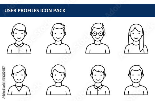 User profile icons with various gender and attire in a simple, flat design. Smiling profile icons on a white background for use in an icon pack.