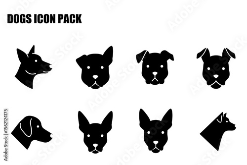 Dog icon pack featuring various breeds in profile and front views. Simple, stylized illustrations of dog heads with a clean, modern design for use as website icons or in design projects.