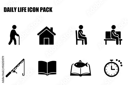 Daily life icons depicting various activities. Senior citizen walking with cane, home, sitting on chair, sitting on bench, fishing rod, open book with fish, open book, timer.