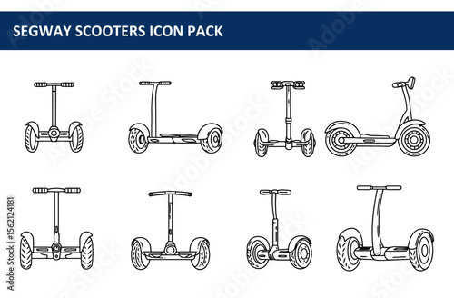 Segway scooter illustrations in various perspectives. Simple line drawings of different views of personal transportation devices against a blank background.