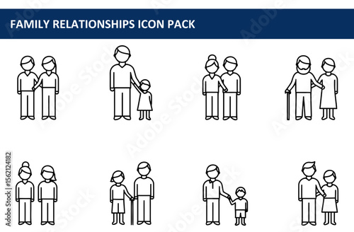 Family relationships icons depicting various demographics in a neutral setting. Adults and children with different age groups are interacting/supporting each other.