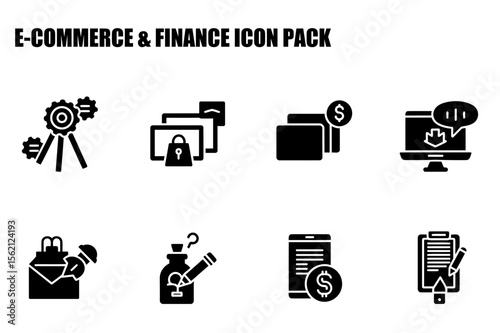 E-commerce and finance icon set depicting various operational functions. Simplified graphic representations of online security, transactions, and digital services.