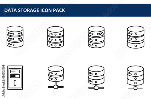 Data storage icons with various configurations in a simple, clean graphic design. Multiple data storage representations in an informational graphic.