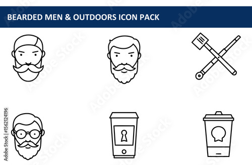 Bearded men with various outdoor activities in a graphic outline style. Icons of men with facial hair and outdoor equipment.