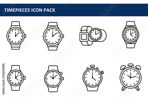 Timepieces icon pack featuring various styles of watches and an alarm clock. Simple line art illustrations for timepiece icons.
