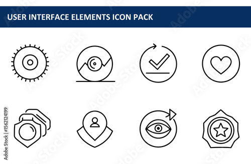Line art collection of user interface elements for design projects. Simple, graphic icons in a variety of shapes and styles for user interface design.