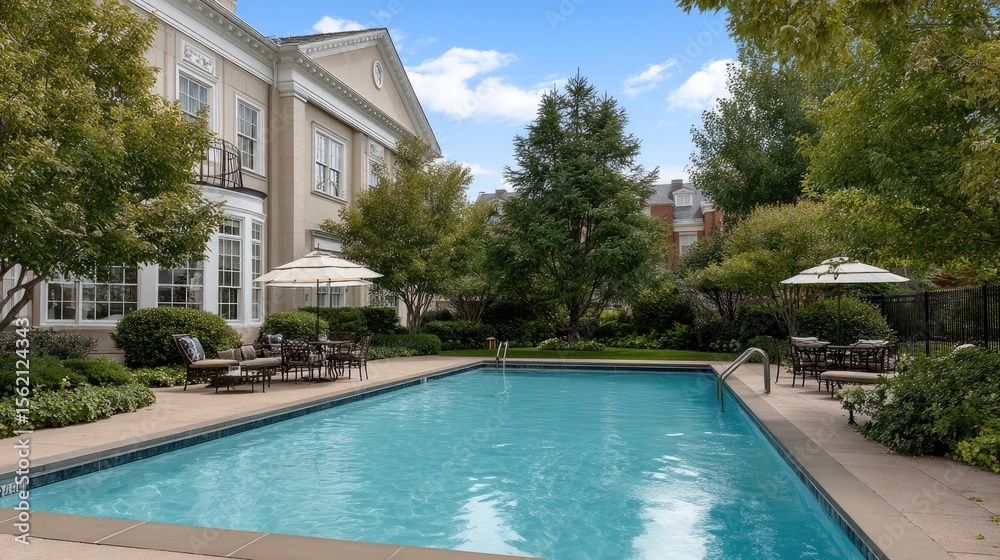 Fototapeta premium Gorgeous outdoor swimming pool set in a serene backyard with vibrant greenery and stylish patio furniture inviting relaxation