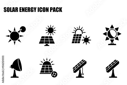 Solar energy icon pack featuring various representations of solar panels, solar collectors, and related equipment. Simple, black-and-white graphic icons of diverse solar technologies.