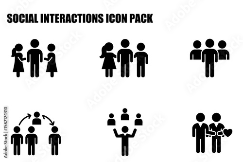Social interactions icon pack depicting various interpersonal relationships in a simple, graphic style.