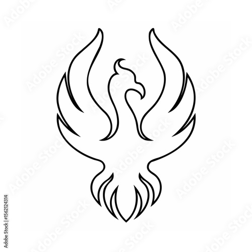 Outline phoenix on with spread wings stylized feathers bird