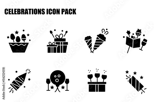 Celebration icons in various settings. Collection of celebration icons depicting gifts, confetti, party favors, and more.
