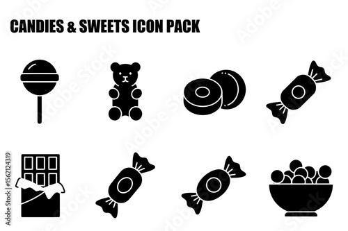 Candy and sweet icons in a child-friendly design, displayed in a simple and flat style. Sweet treats with no background detail.