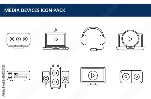Media Devices Icon Pack depicting various audio-visual devices in a simple, line art style. Collection of digital media playback icons including computer, speakers, headphones, monitor, and laptop.