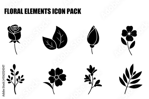 Floral elements icon pack. simple black and white silhouettes of various flowers and leaves in a graphic design.