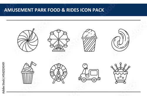 Amusement park food and rides icons with a simple line art style. Flat icons of various carnival food and attractions.