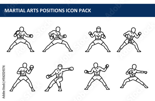 Martial arts fighting positions illustrated with male figures in athletic shorts and gloves. Various stances for different fighting styles displayed against a white background.