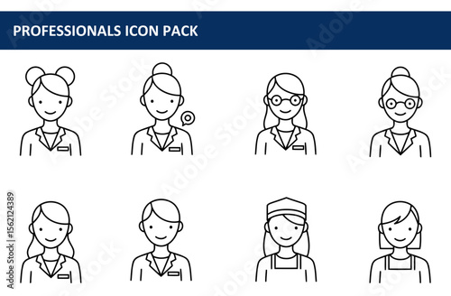 Female professionals in various professions, wearing lab coats or aprons, in a simple, friendly, professional style. Icons of different female professionals for a professional icon pack.