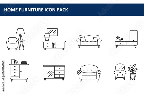 Home furniture icons, depicting various pieces of furniture in a modern living room setting.