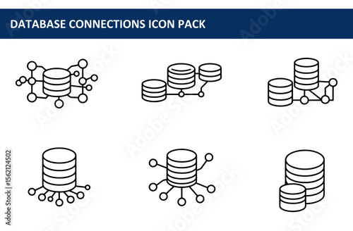 Database connections icons in a simple, clean, black and white graphic design. Various configurations of interconnected database stacks on a plain white background.