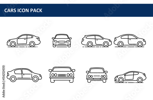 Line art illustrations of various car models in different views. Multiple car perspectives, showing side and front views. Generic car icons for a car icon pack.