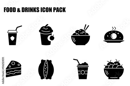 Food and drink icons, various types of beverages and meals. Simple black icons depict a variety of foods and drinks. Diverse food options for general use.