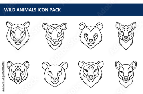 Line art illustrations of various wild animal heads in a graphic design style. Simple, bold outlines of tiger, bear, and other feline faces in profile view against a plain white background.