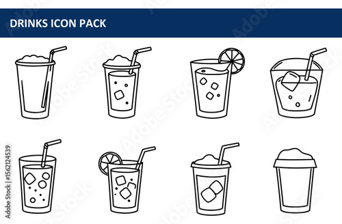 Drinks icon pack featuring various beverage styles in outline format. Simple illustrations of iced beverages with straws and ice cubes in different containers.