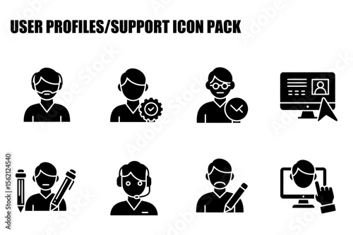 User support icons depicting various service roles in a simple, modern style. Generic male figures in various poses, showcasing support, verification, and user interface interactions.
