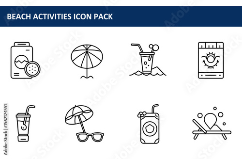 Beach activities icon set showing various elements of a beach vacation. Line art illustrations of beach food, drinks, accessories, and relaxation in a simple, clean style.