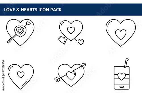 Love and hearts icon pack showing various heart shapes with arrows. Simple, outlined illustrations for Valentine's Day or romantic themes.