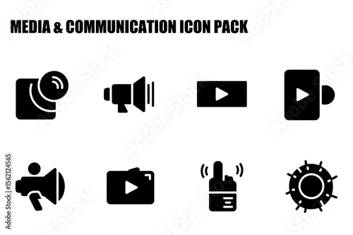 Media communication icons in various configurations. Simple black and white vector graphic icons display a range of media interactions.