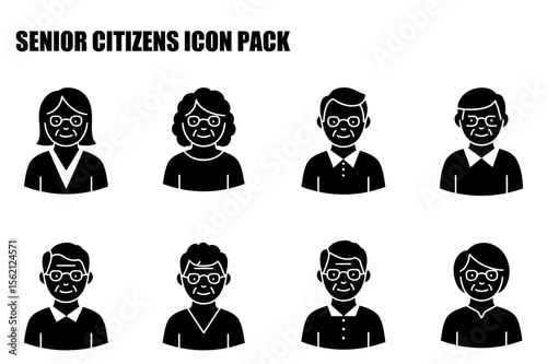 Senior citizens icons in casual attire against a plain background. Portraits of diverse senior citizens in various poses and expressions.