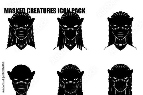 Masked women with dreadlocks in various poses against a white background. Diverse female figures wearing face masks, suitable for social media graphics, website icons, or print media.