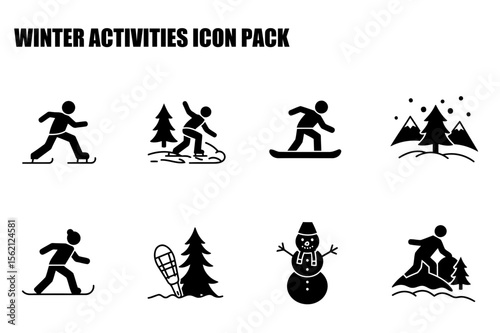 Winter activities icon pack depicting various winter sports and scenes. Diverse individuals engaging in activities like ice skating, snowboarding, snowshoeing, and snow mountain climbing.