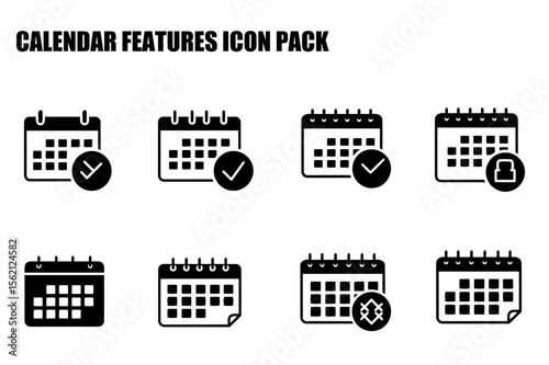 Calendar icons in various states with checkmarks and locks. Set of simple, black and white calendar icons for scheduling and planning.
