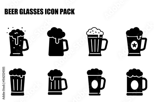 Beer glass icons in various styles with foam and handles. Set of simple, black and white illustrations of beer glasses for use in a range of applications.