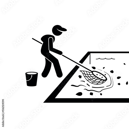minimalist black silhouette of person cleaning pool with net and bucket, icon