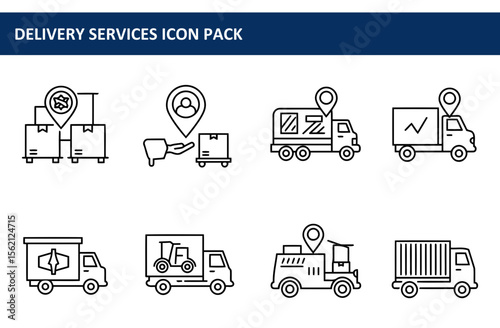Delivery services icon pack showcasing various transportation methods. Different delivery vehicles and storage facilities displayed in a flat, outline style.