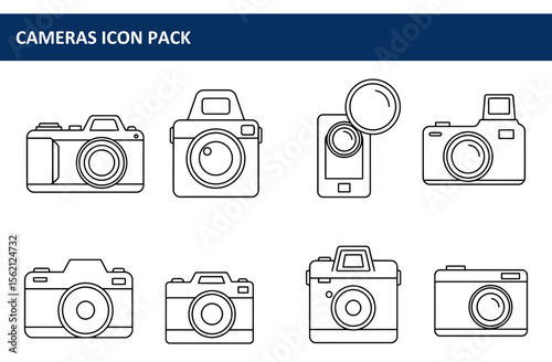 Line art illustration of various camera models in a flat design. Different camera types displayed against a white background.