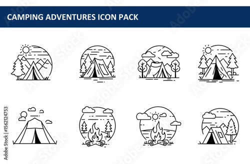 Camping adventure icons with various landscapes in simple line art style. Collection of camping scenes featuring tents, mountains, trees, and fire for different time of day.